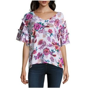 White Pink Floral Ruffle Sleeve Top 2x